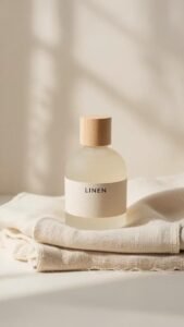 ABOUT US A bottle of linen on a towel